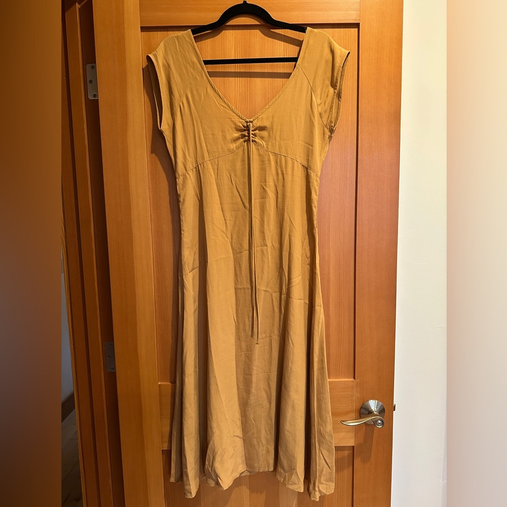 Amuse Society Mustard Cap-Sleeve Midi Dress with Front Tie